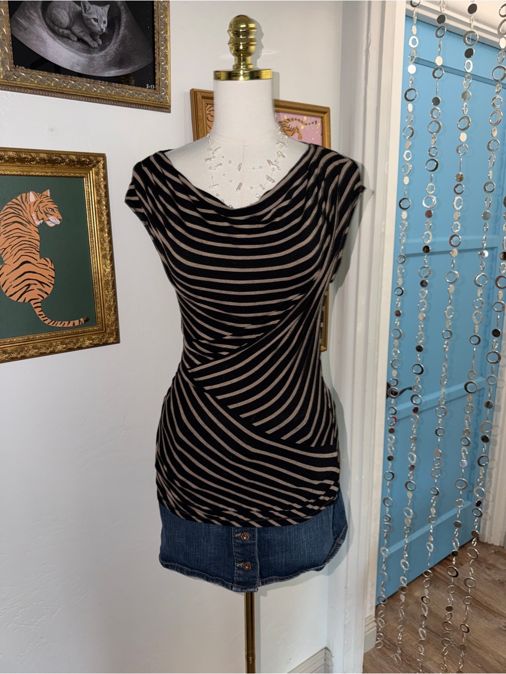 Vintage Y2K Striped Draped Neck Women’s Top - Black and Tan